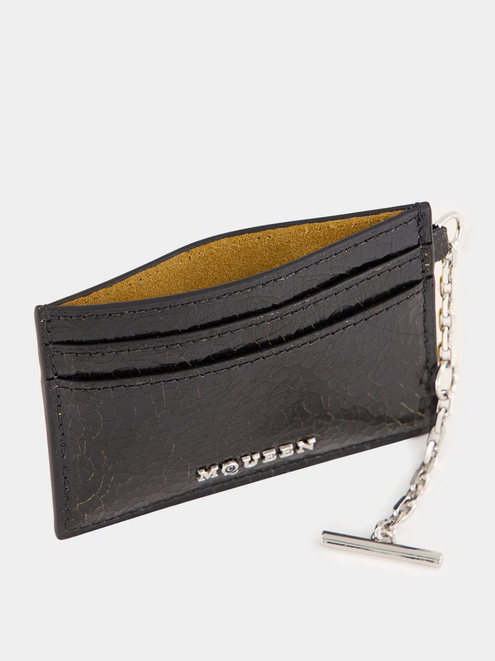 Black Crackled Leather Card Holder with Silver Chain - Image 3