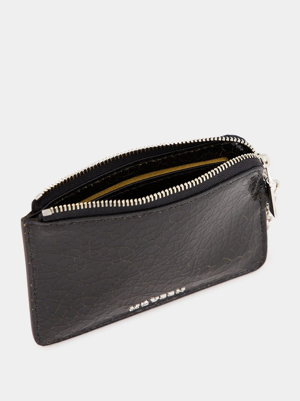 Black Crackled Leather Zip Coin Pouch with Chain - Image 3