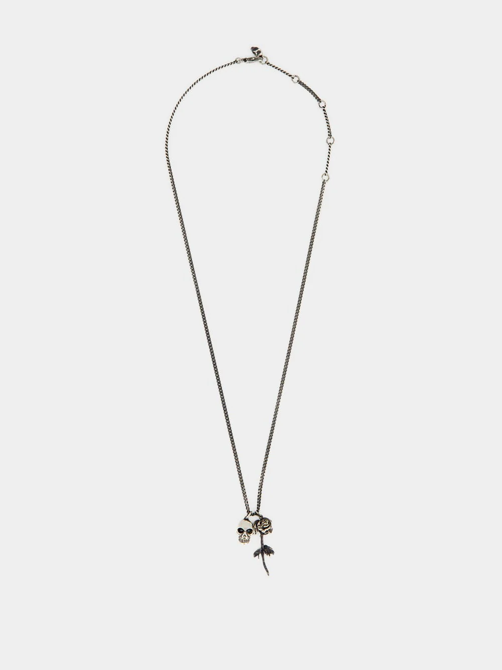 Antique Silver Skull & Dipped Rose Necklace