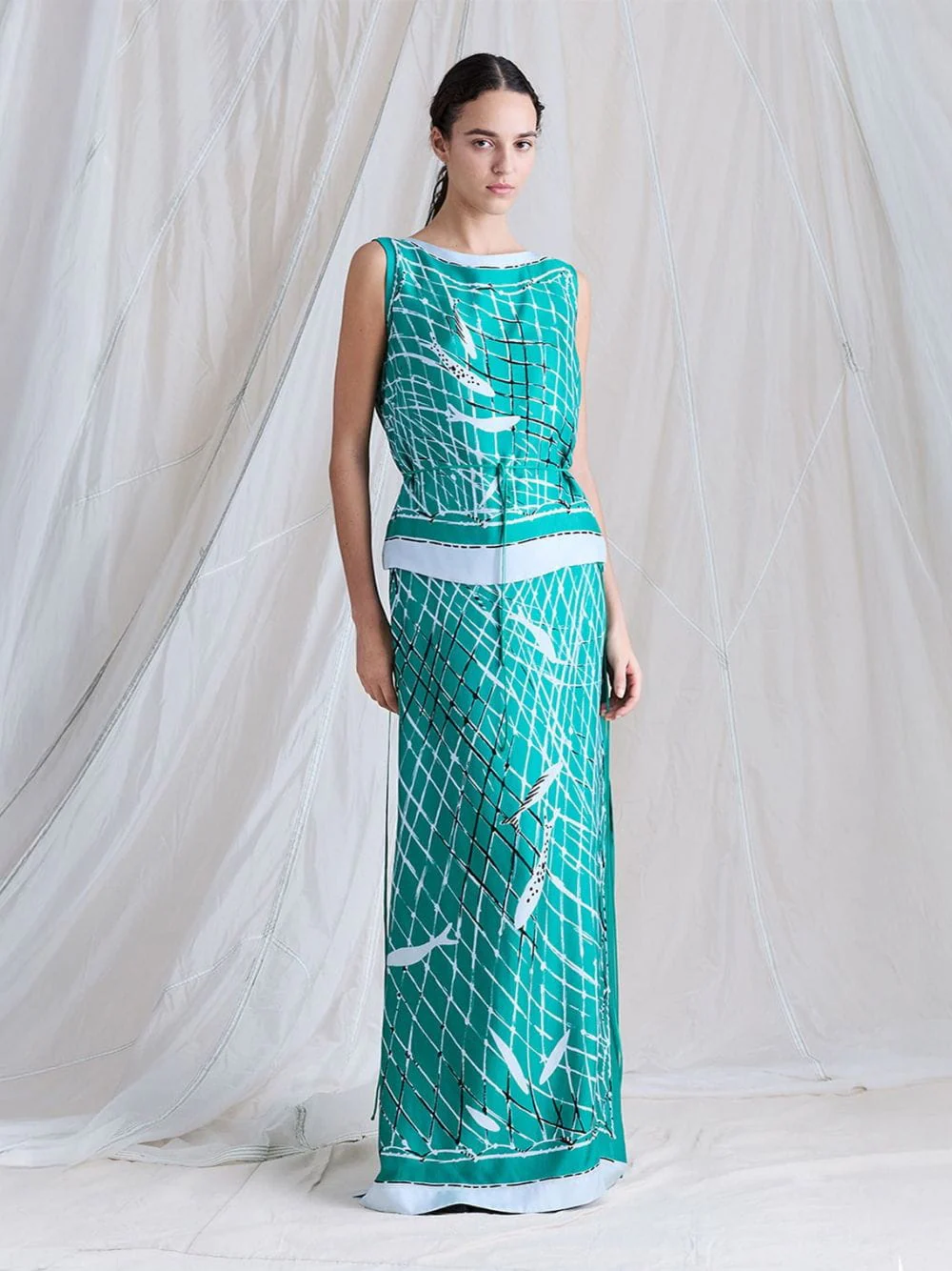 Green Fishnet Silk Maxi Skirt