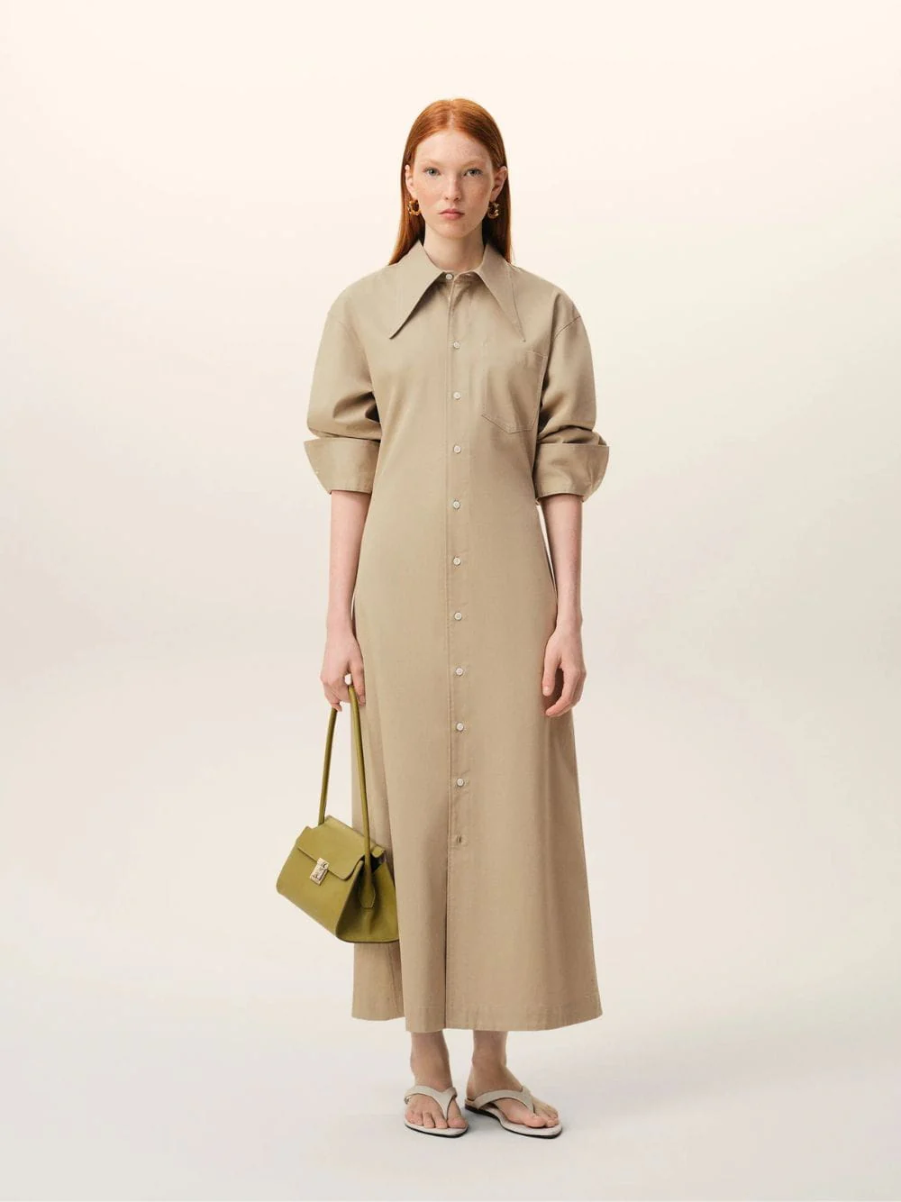 Beige Cotton Fitted Shirt Dress