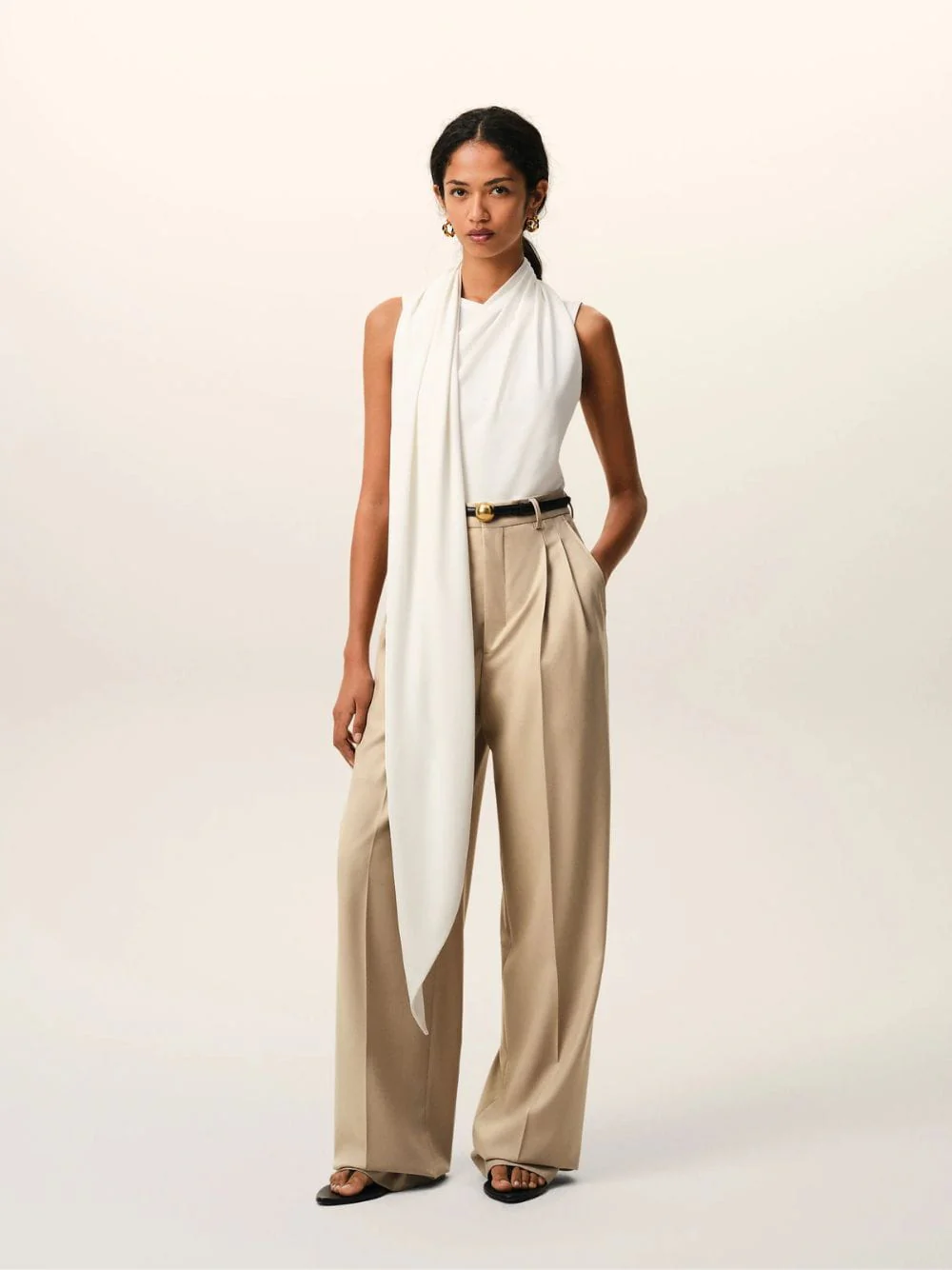Beige High-Waist Wide Wool Trousers