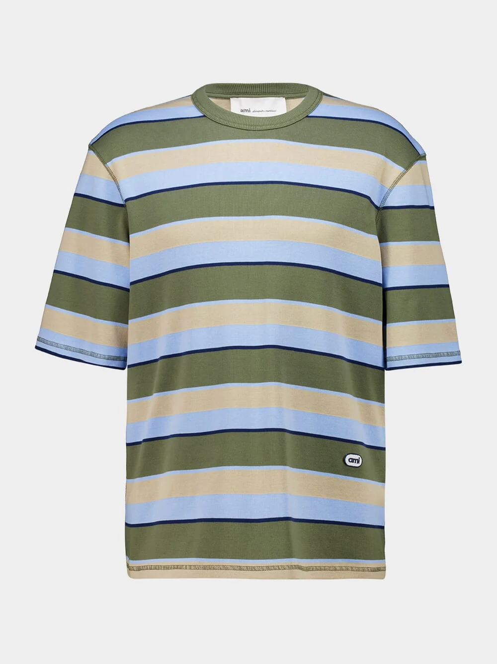 Blue and Khaki Striped Cotton Oversize T-Shirt