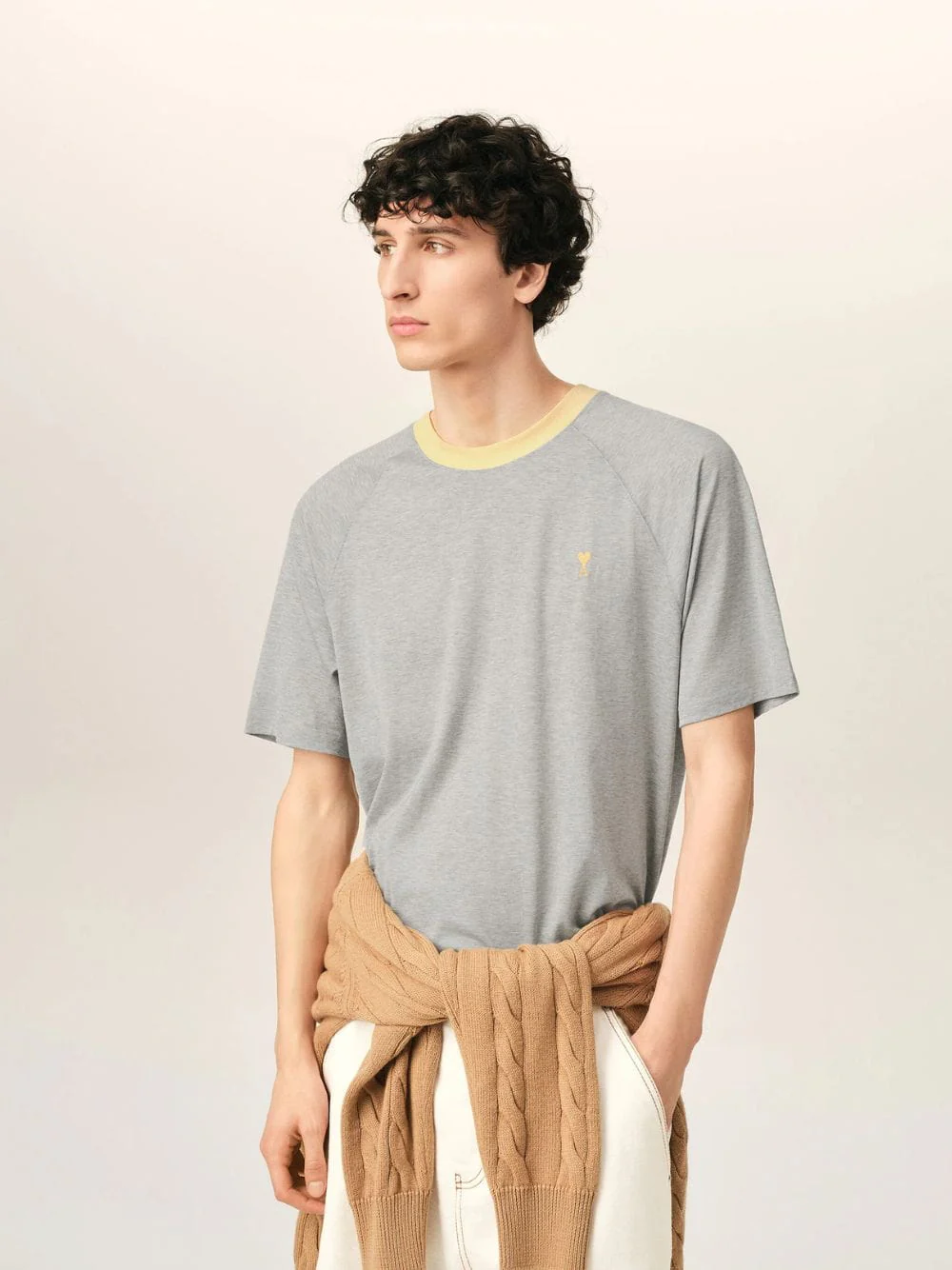 Grey and Yellow Ami De Coeur Cotton T-Shirt - Image 2