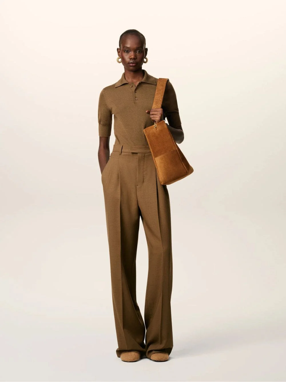 Hazelnut Wool High-Waist Wide Trousers