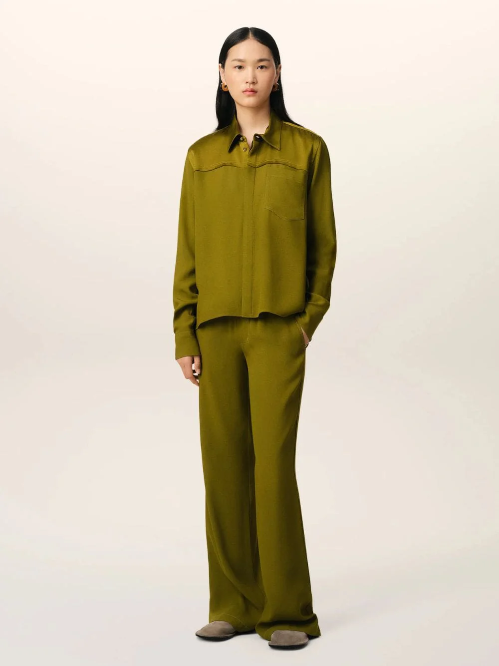 Lichen Khaki Long Sleeve Satin-Back Shirt
