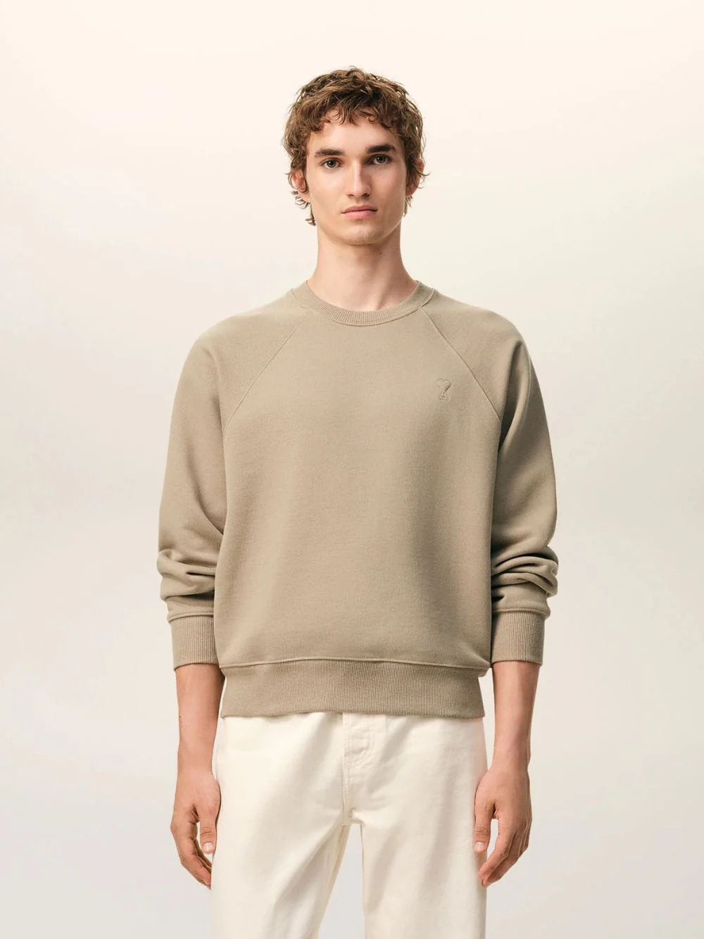 Taupe Beige Cotton Embossed Ami de Coeur Sweatshirt - Image 2