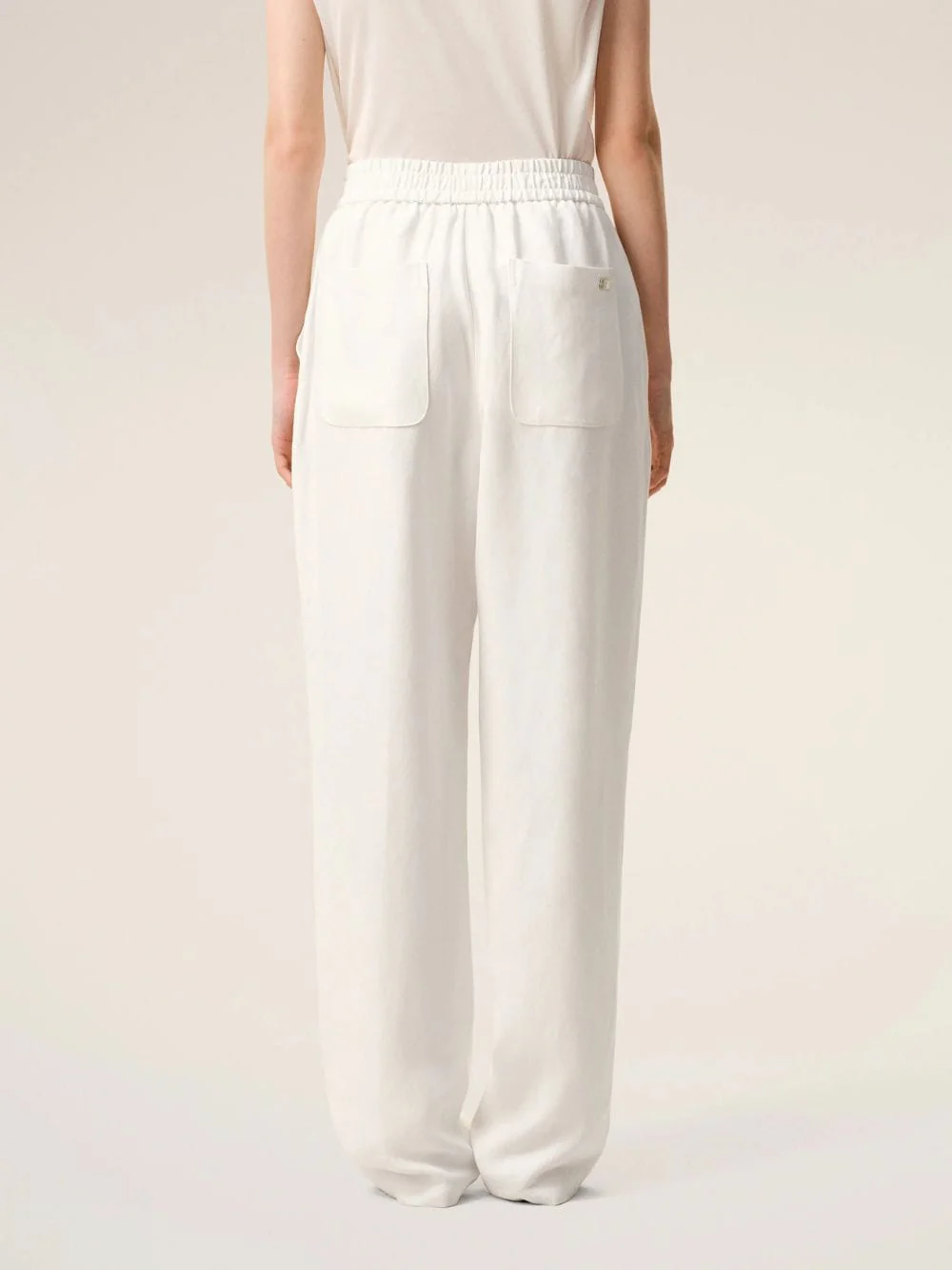 White Blended Linen Elasticated Waist Trousers - Image 4