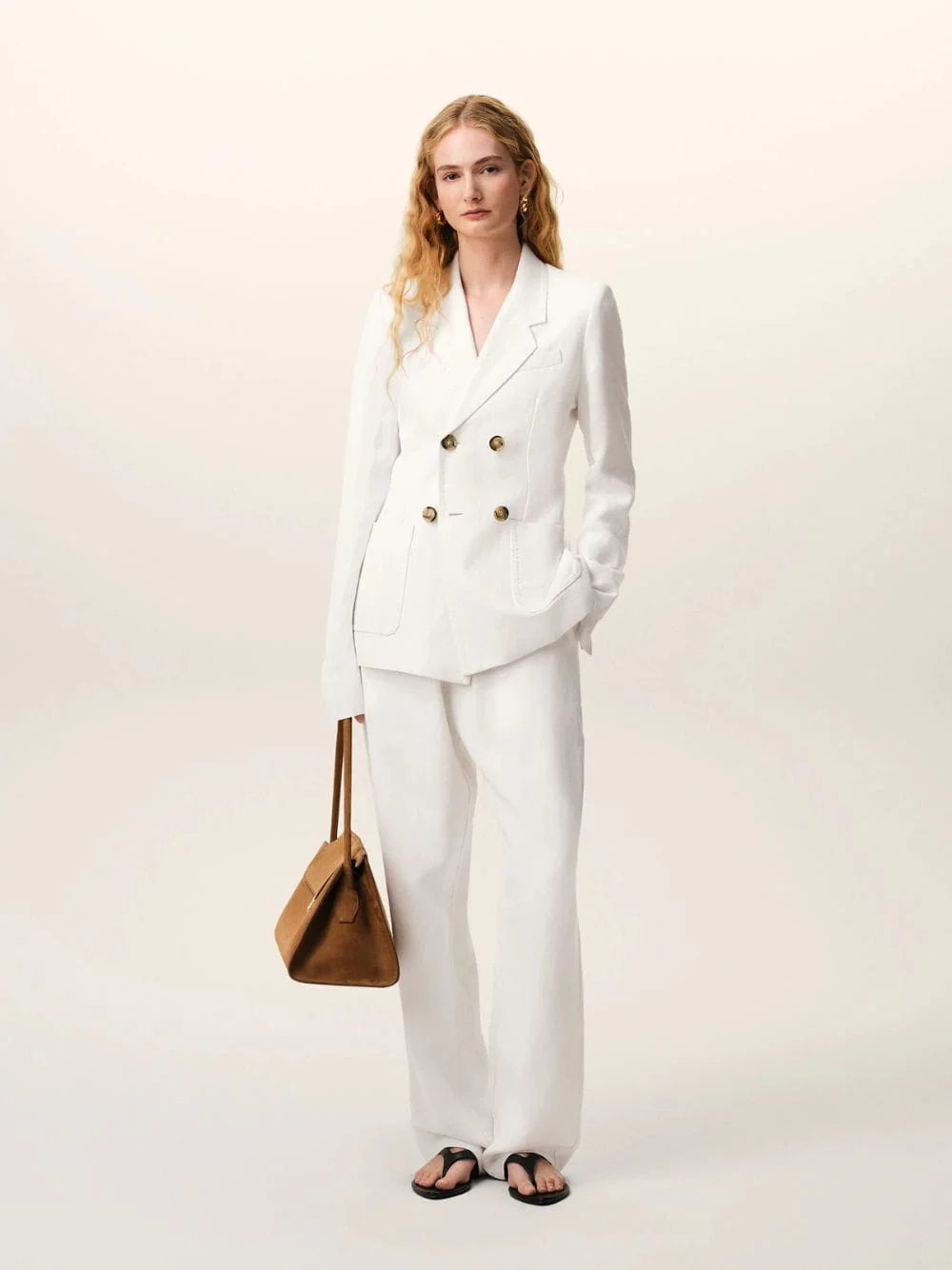 White Linen Double-Breasted Blazer