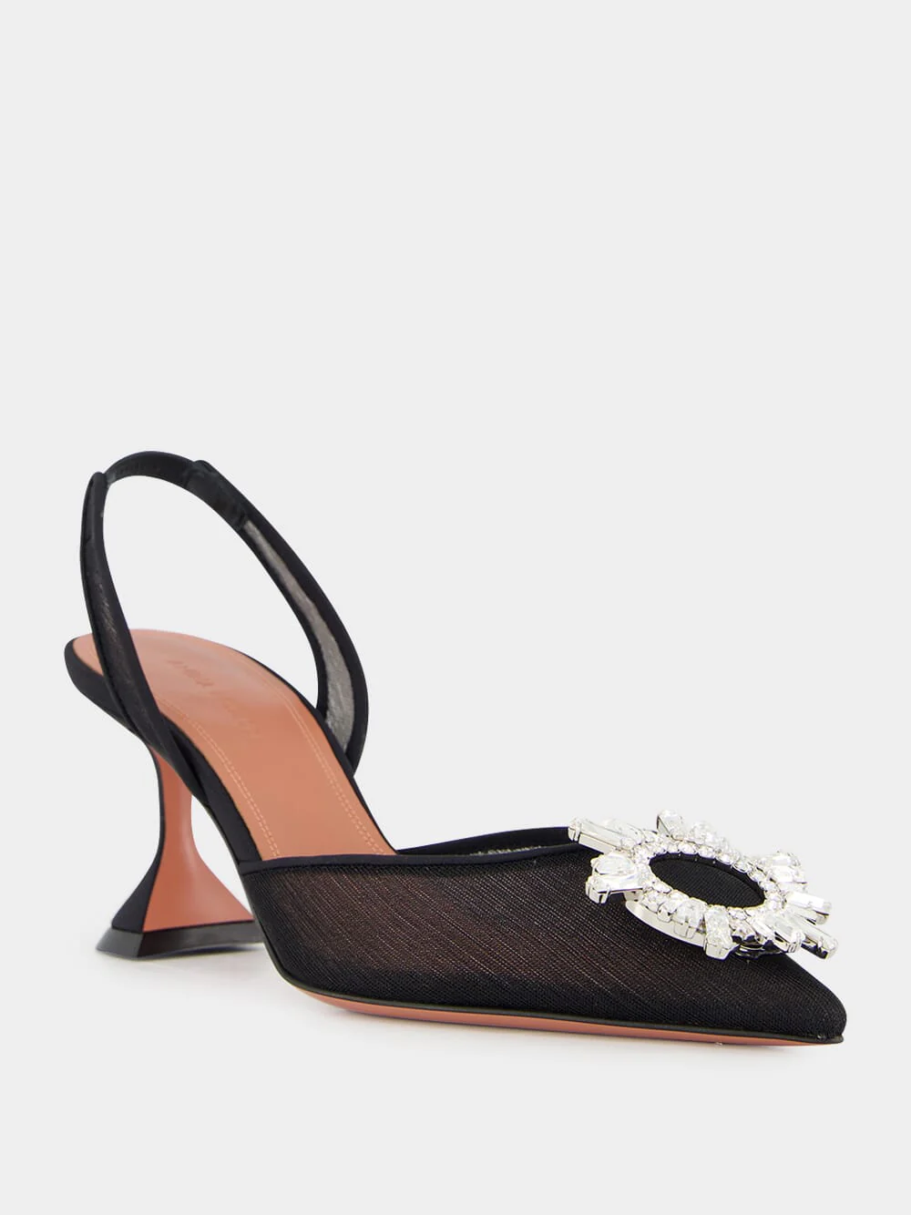 Black Begum Mesh Slingback Heels with White Crystal Buckle - Image 2