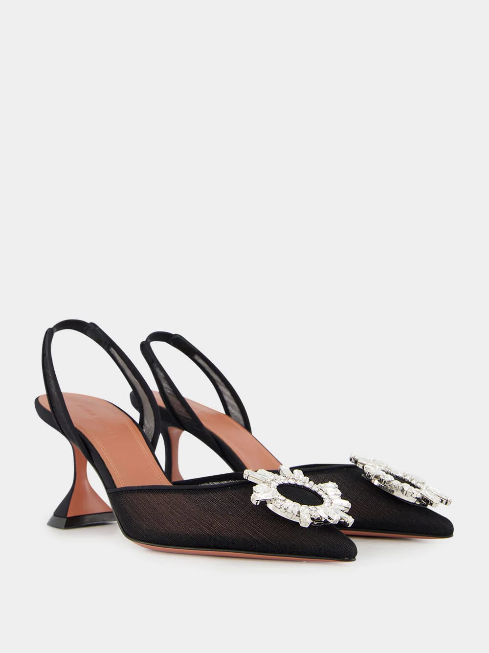 Black Begum Mesh Slingback Heels with White Crystal Buckle - Image 3