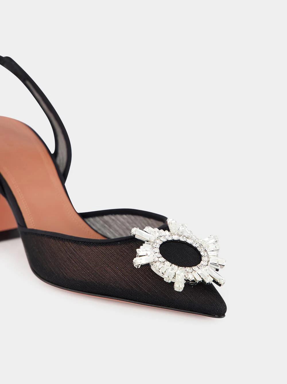 Black Begum Mesh Slingback Heels with White Crystal Buckle - Image 6