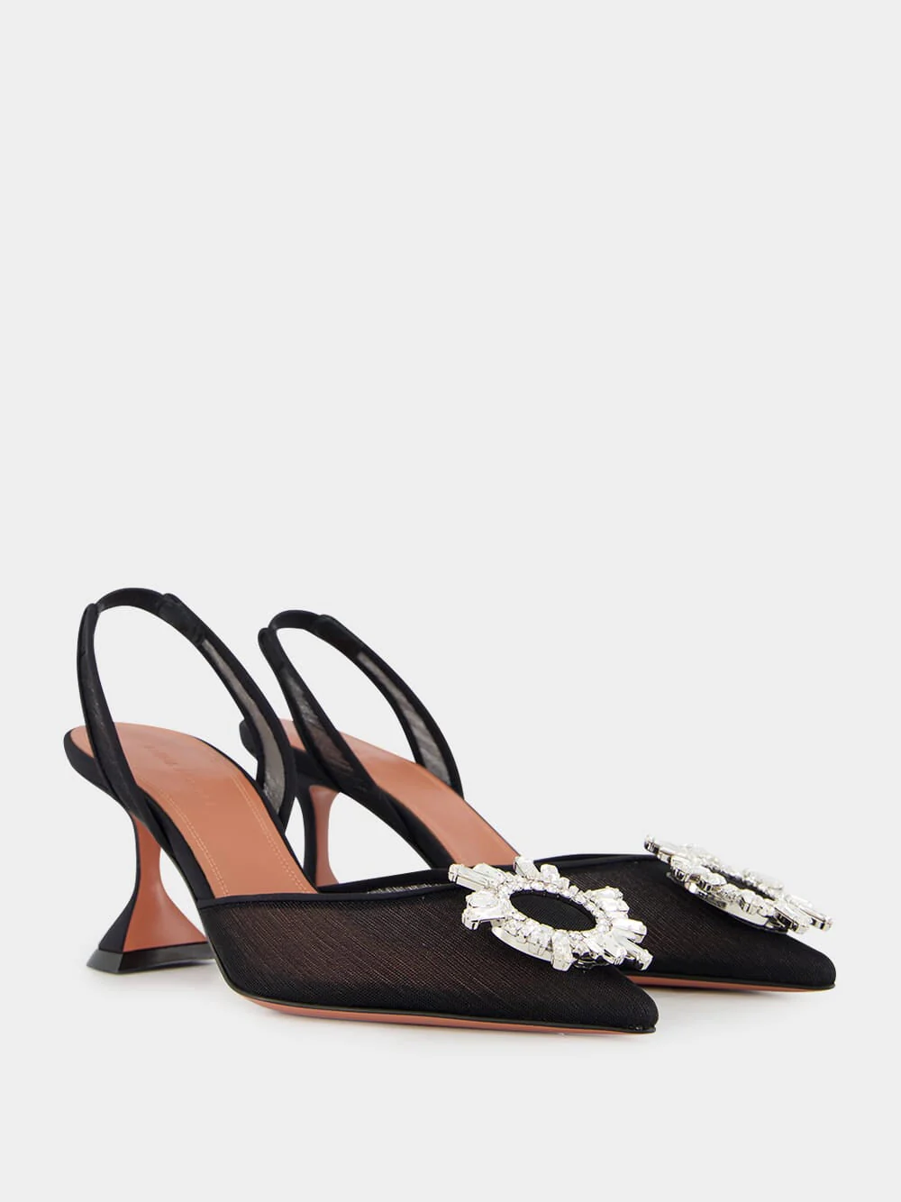Black Begum Mesh Slingback Heels with White Crystal Buckle - Image 9