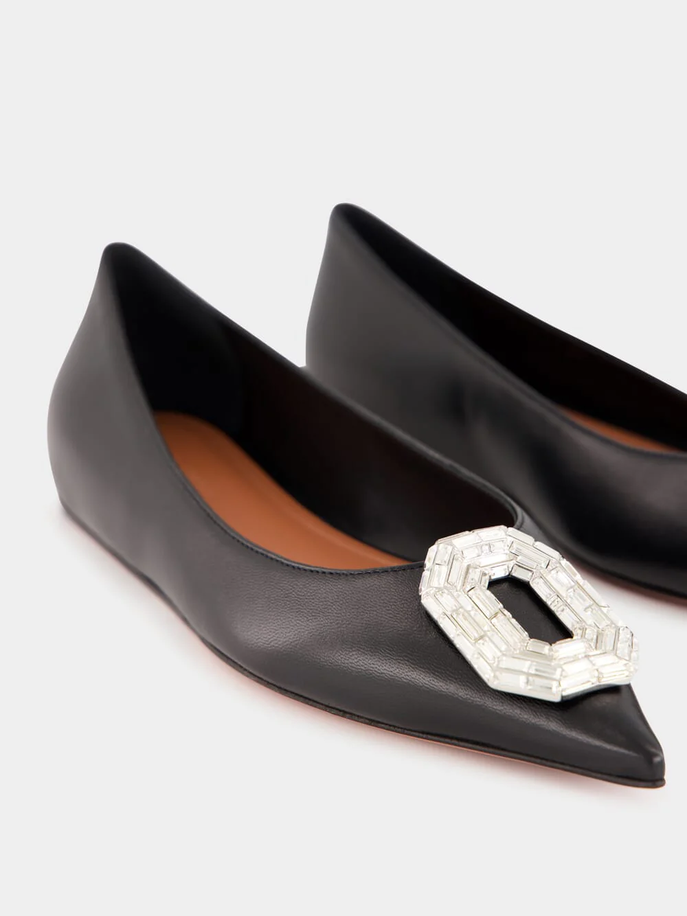 Black Nappa Camelia Flat with White Buckle - Image 6