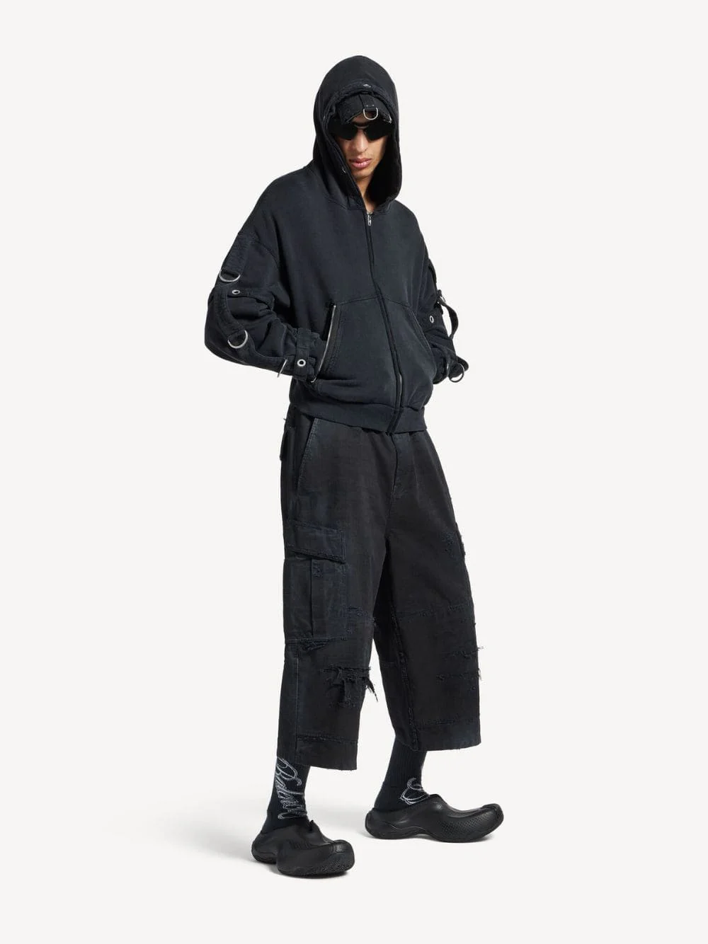 Black Cropped Cargo Cotton Trousers - Image 2