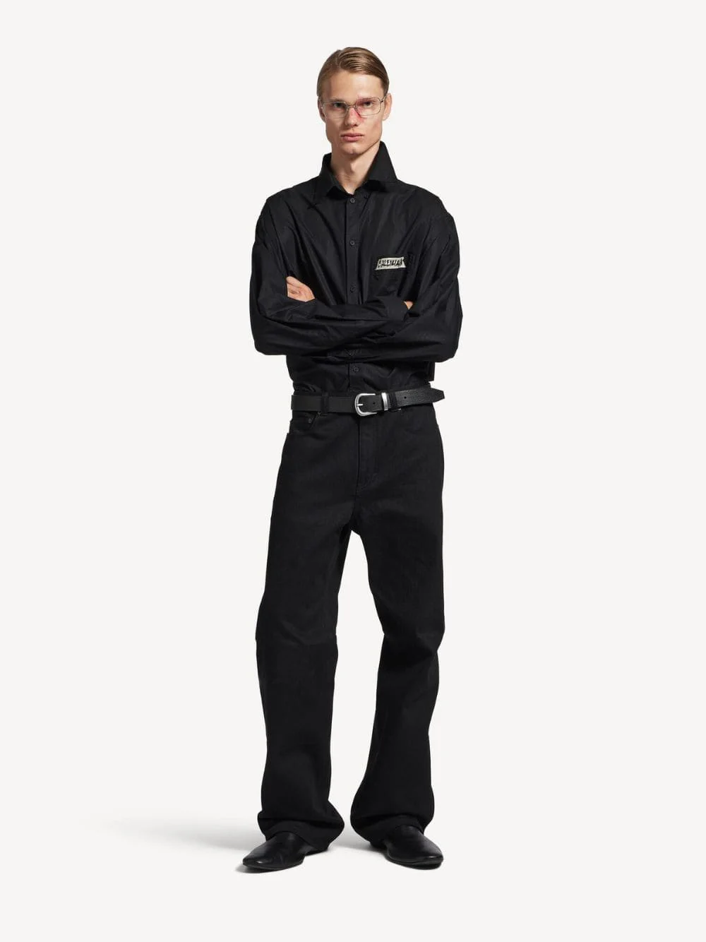 Black Curved Knee Cotton Denim Trousers - Image 2
