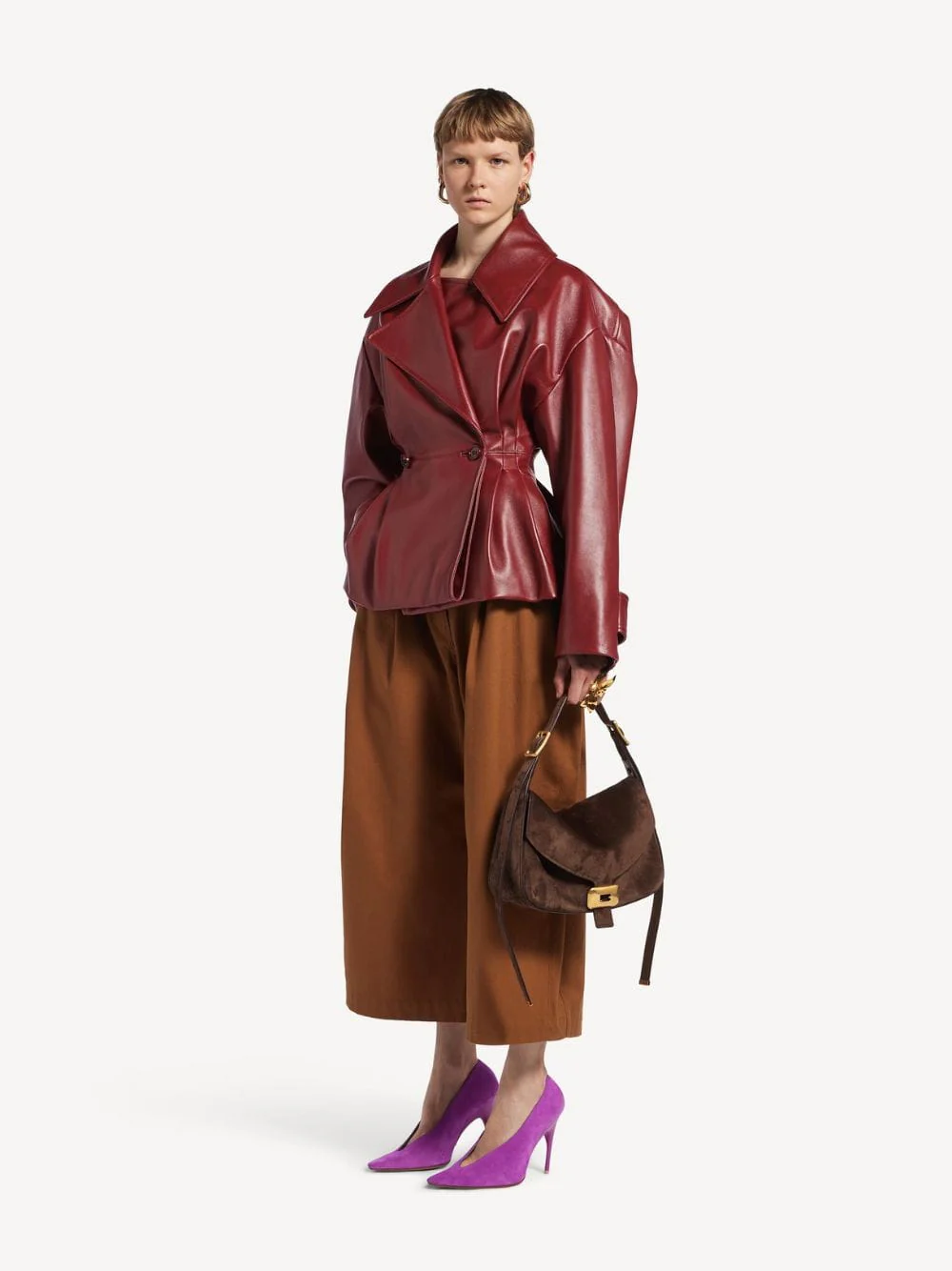 Burgundy Folded Leather Short Trench - Image 2