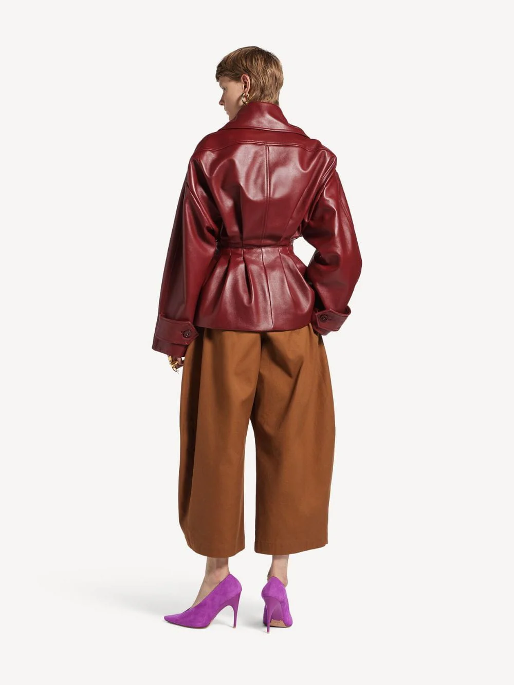 Burgundy Folded Leather Short Trench - Image 4