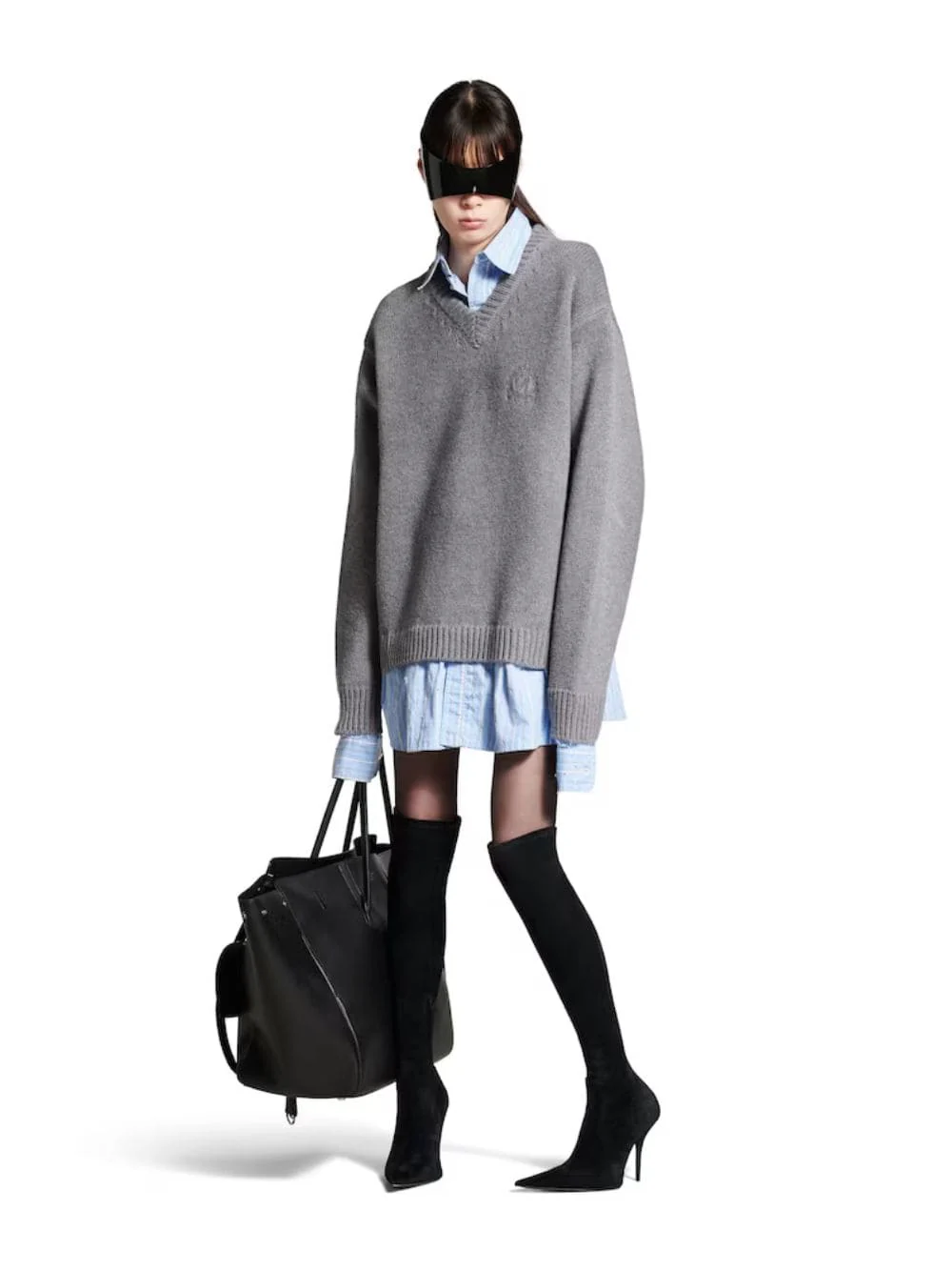 Grey Layered V-Neck Sweater with Poplin Shirt - Image 2