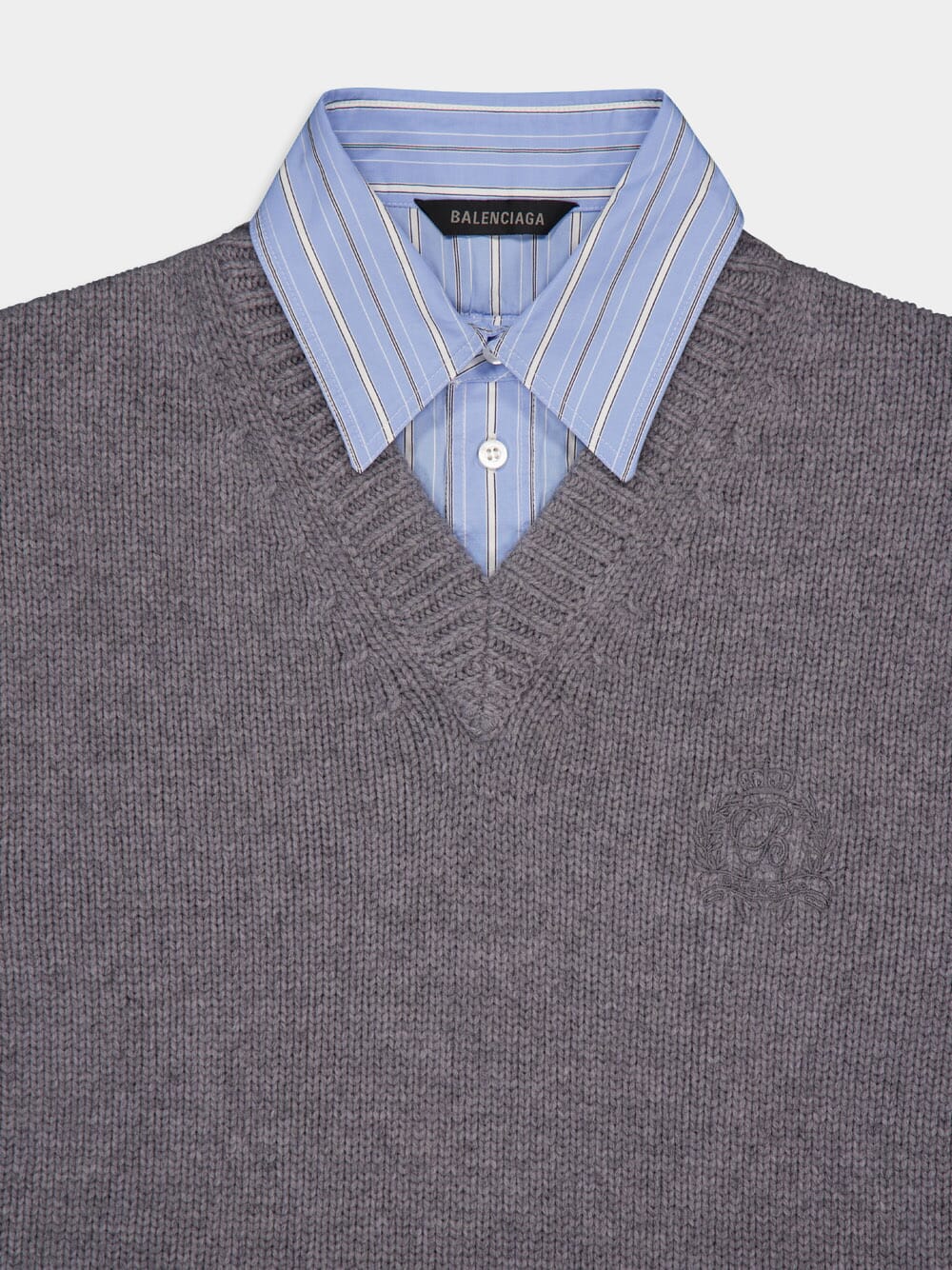 Grey Layered V-Neck Sweater with Poplin Shirt - Image 5