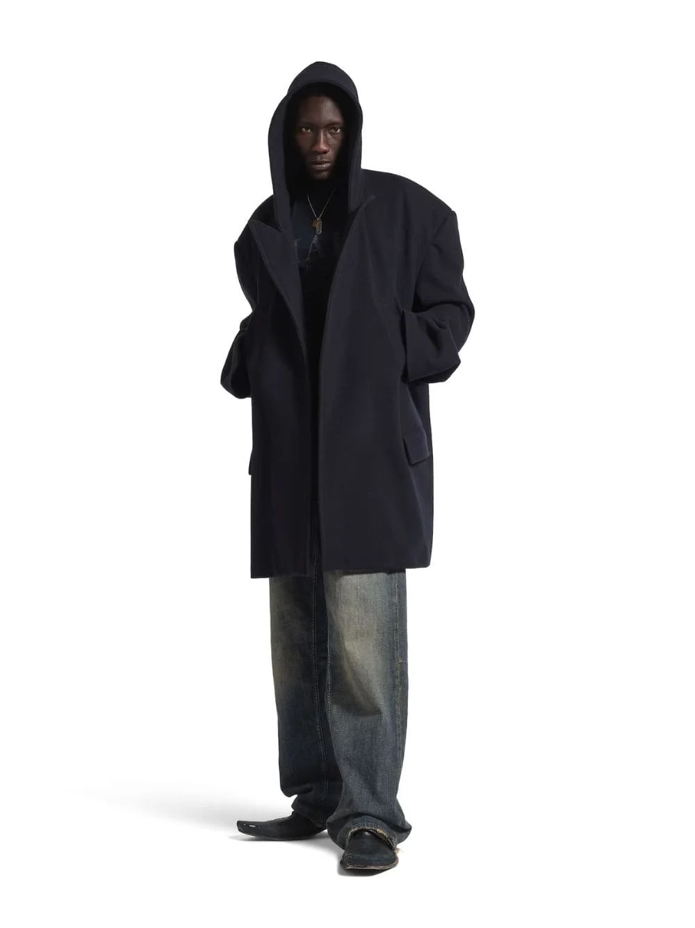 Dark Navy Hooded Short Wool Coat - Image 2
