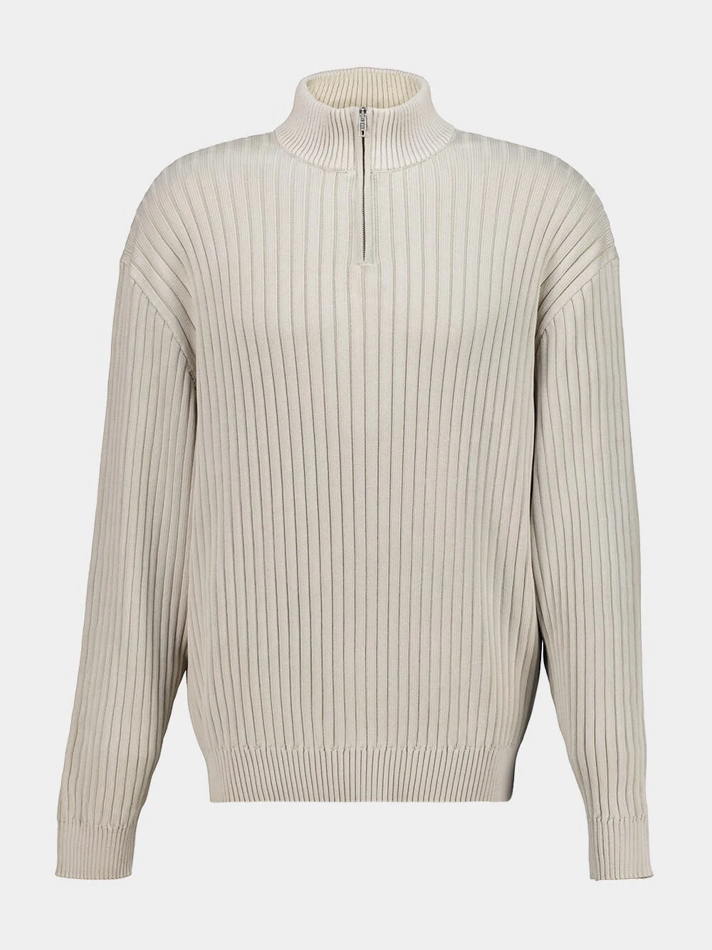 Light Grey Ribbed Zip-Neck Jumper