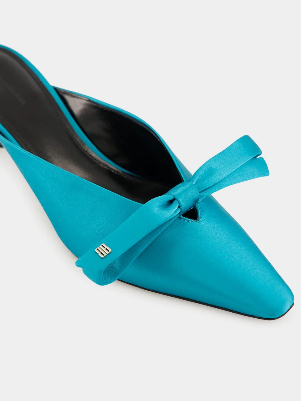 Nano Bow Heeled Mules in Blue Satin - Image 6