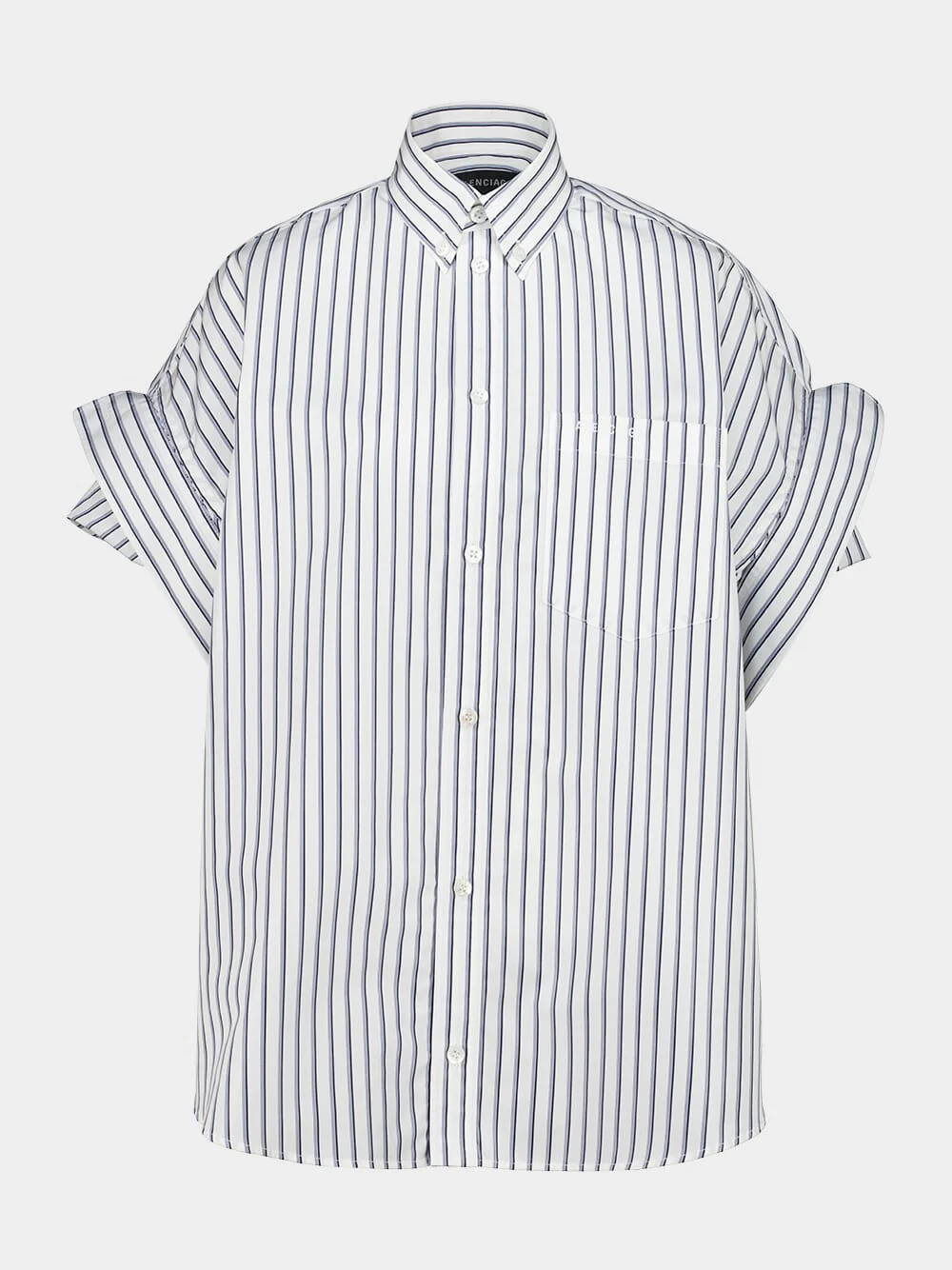 White and Blue Short Sleeve Tucked Cotton Shirt