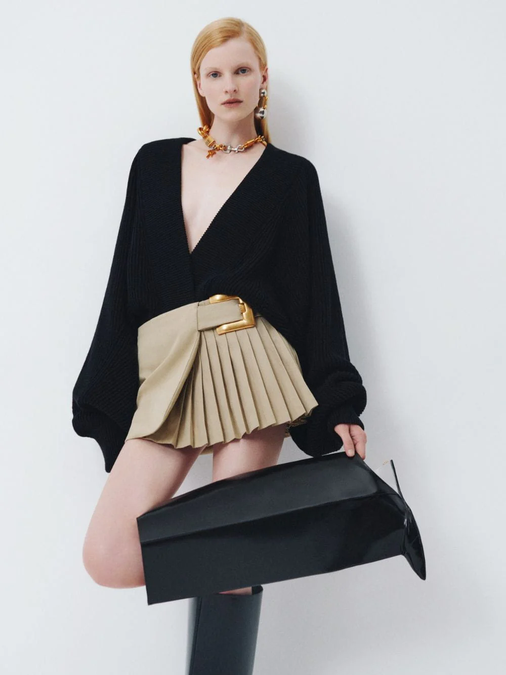Beige Cotton Gabardine Mini Skirt with Belt Detail - Image 2