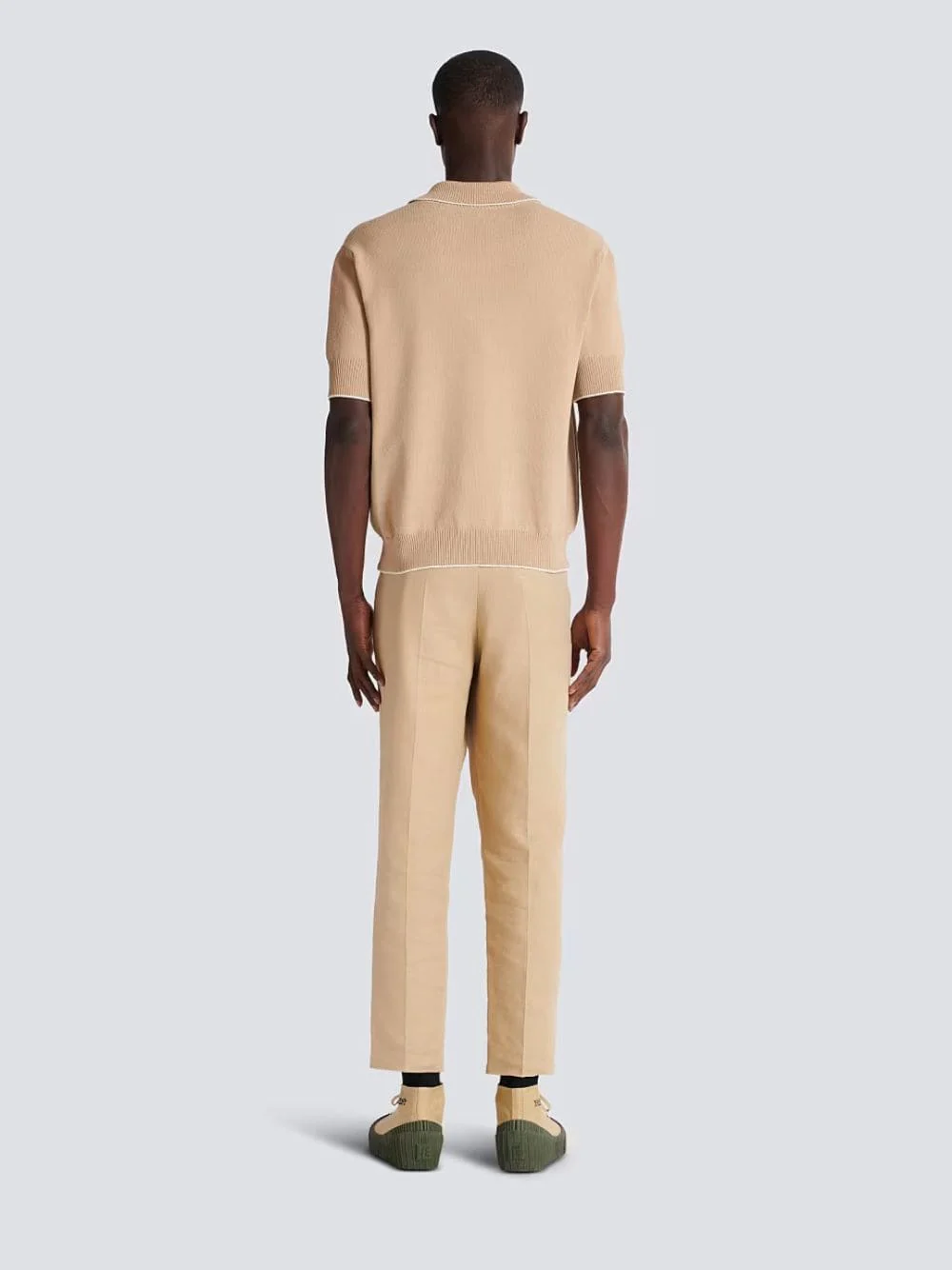 Beige Écusson Embroidered Knit Polo Shirt - Image 4
