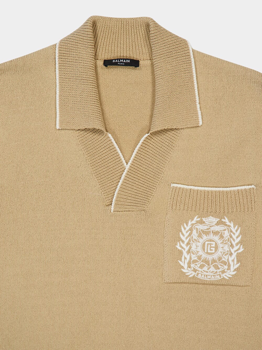 Beige Écusson Embroidered Knit Polo Shirt - Image 5