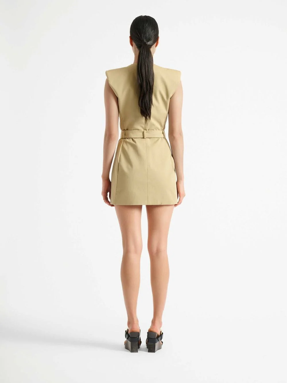 Beige Gabardine Cotton Belted Mini Dress - Image 4