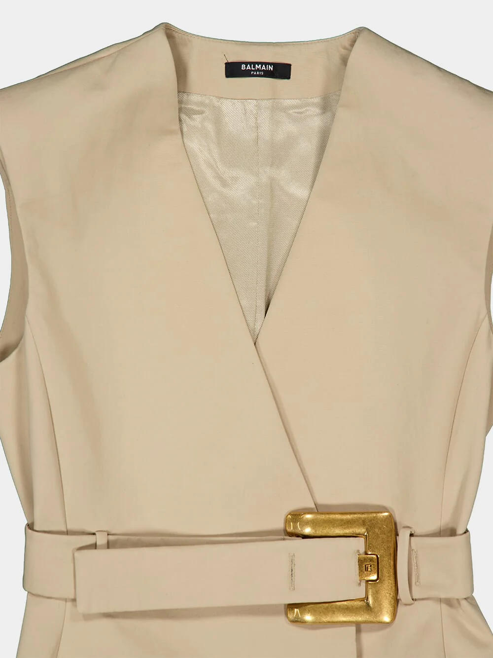 Beige Gabardine Cotton Belted Mini Dress - Image 5