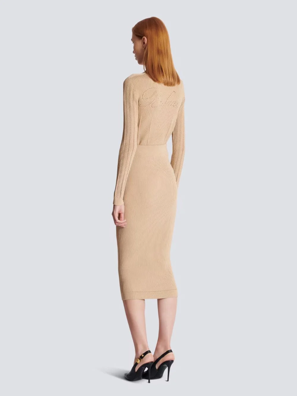 Beige Ribbed Knit Midi Skirt - Image 3