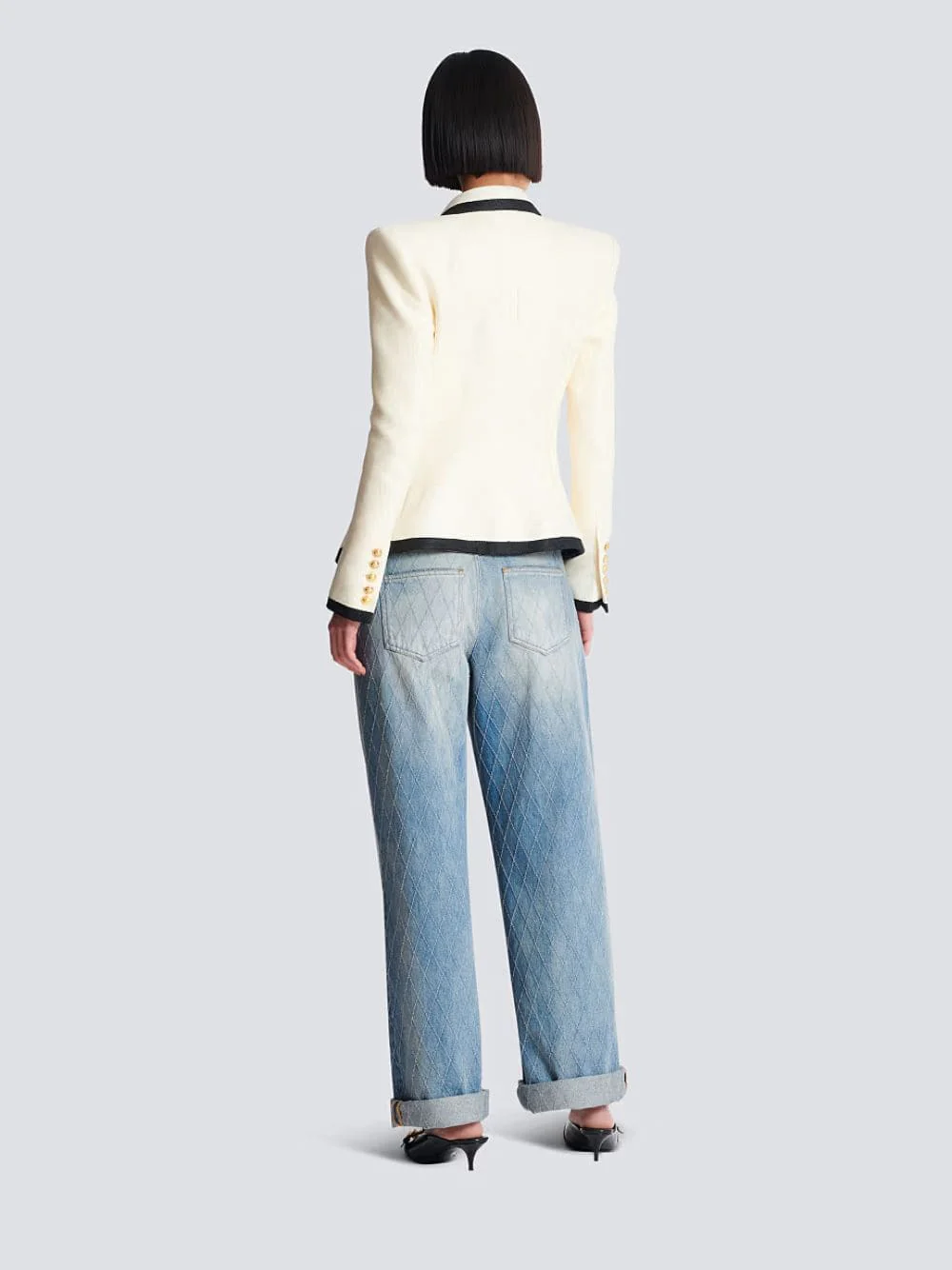 Beige Two-Tone Fitted Basketweave Jacket - Image 4