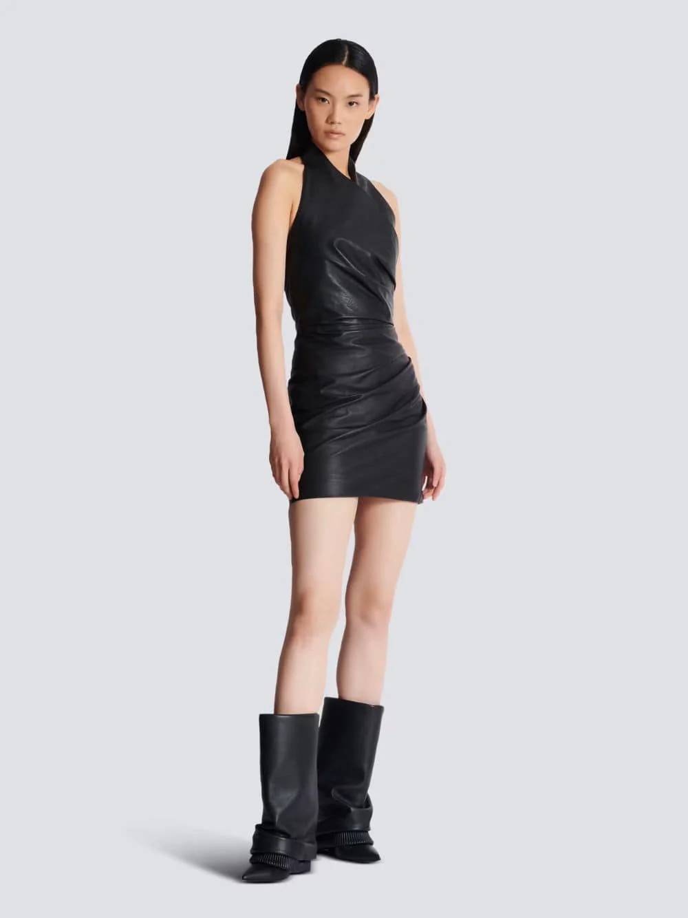Black Draped Leather Halterneck Dress - Image 2
