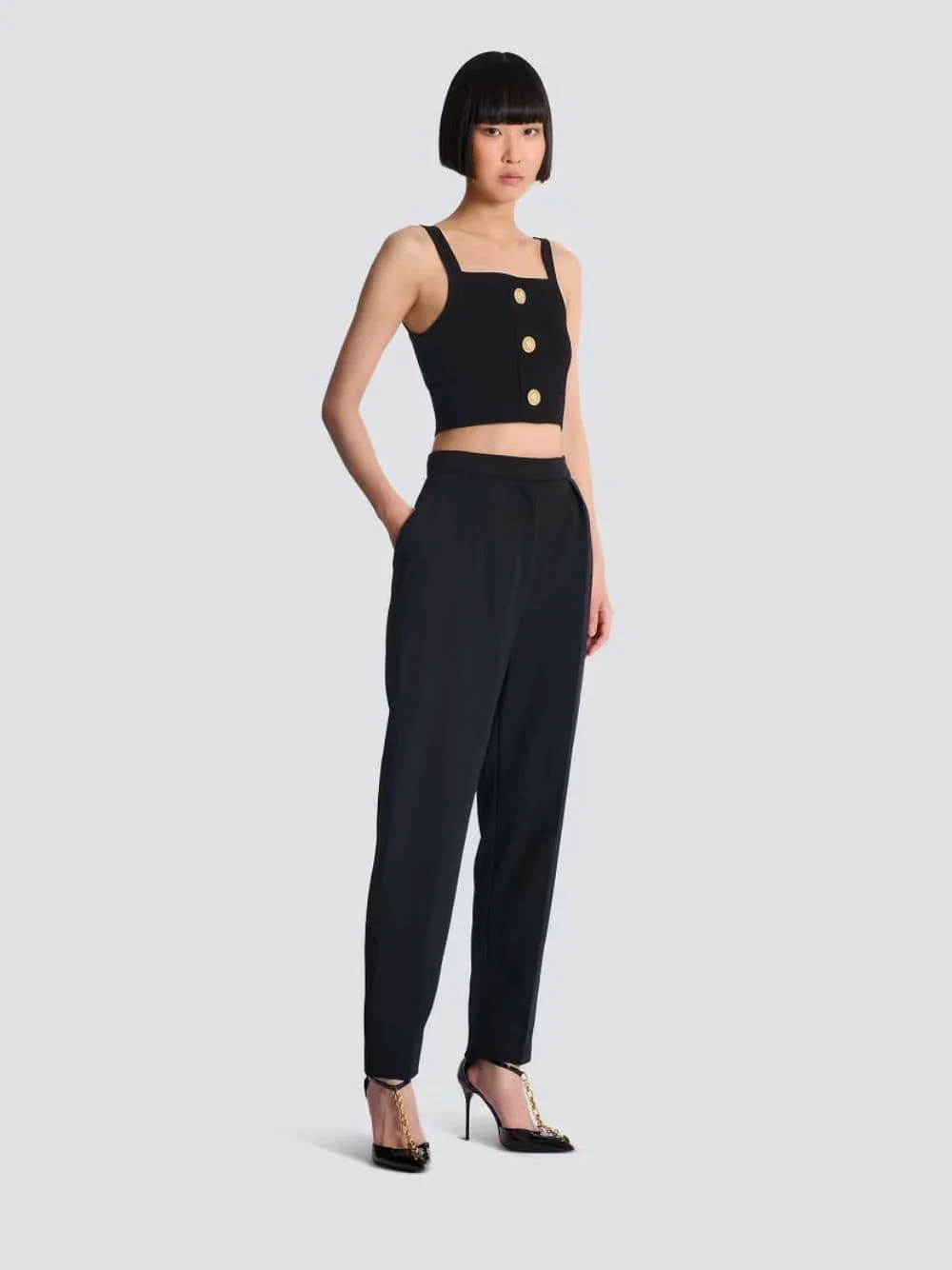 Black Knit Bralette Top with Buttons - Image 2