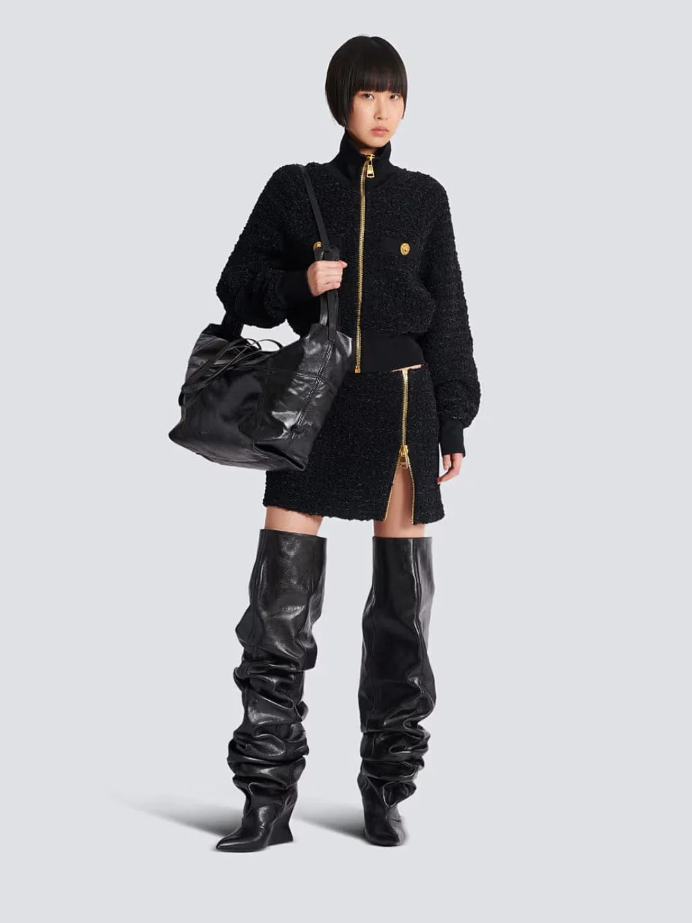 Black Tweed Bomber Jacket