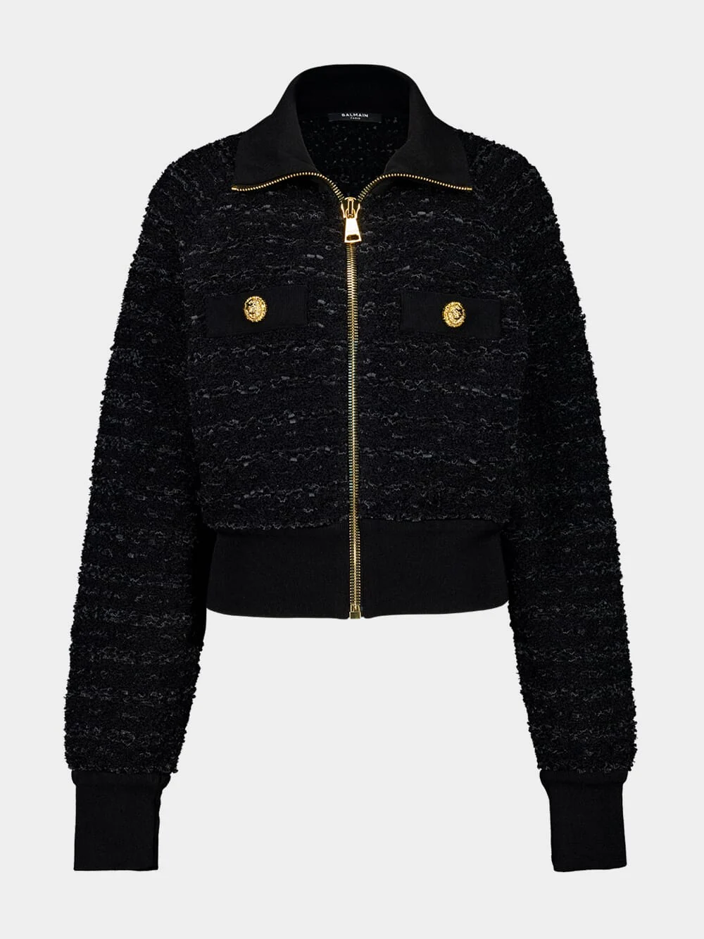 Black Tweed Bomber Jacket - Image 2