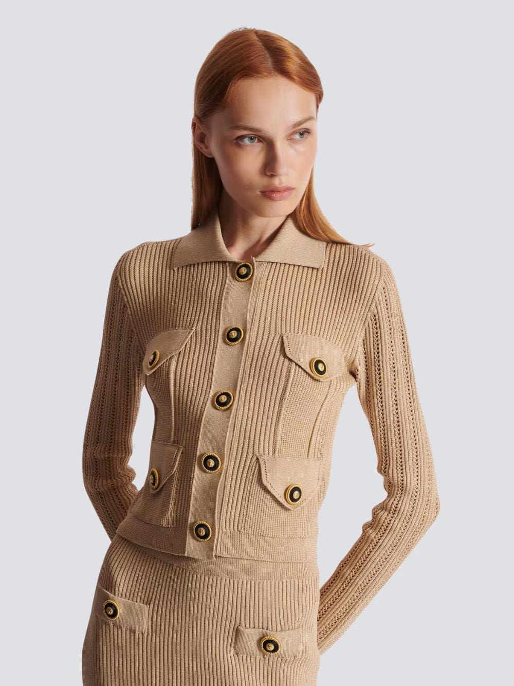 Beige Cropped Ribbed Knit Cardigan - Image 2