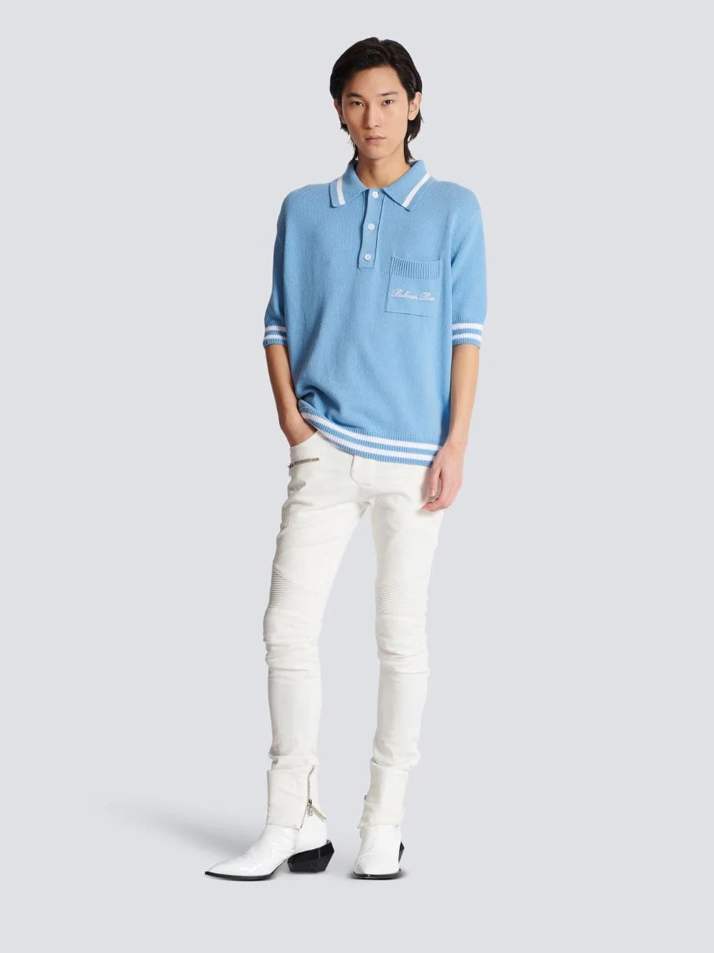 Blue Wool Polo Shirt with Balmain Signature Embroidery - Image 2