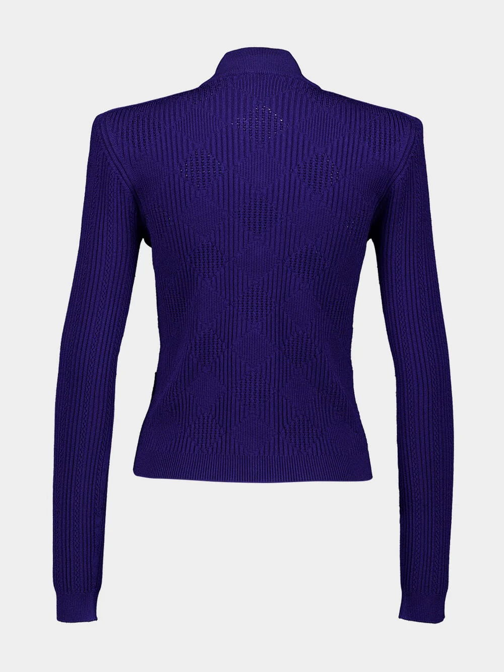 Cobalt Blue Gingham Openwork Knit Cardigan - Image 2