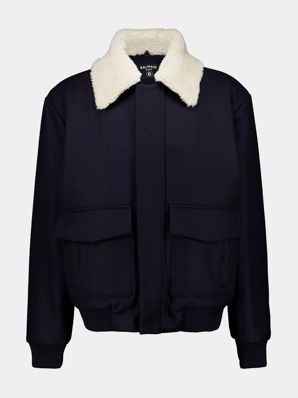 Dark Blue Wool Jacket with White Shearling Collar