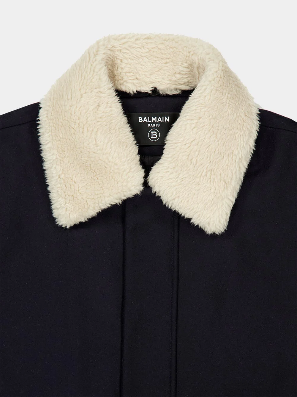 Dark Blue Wool Jacket with White Shearling Collar - Image 3