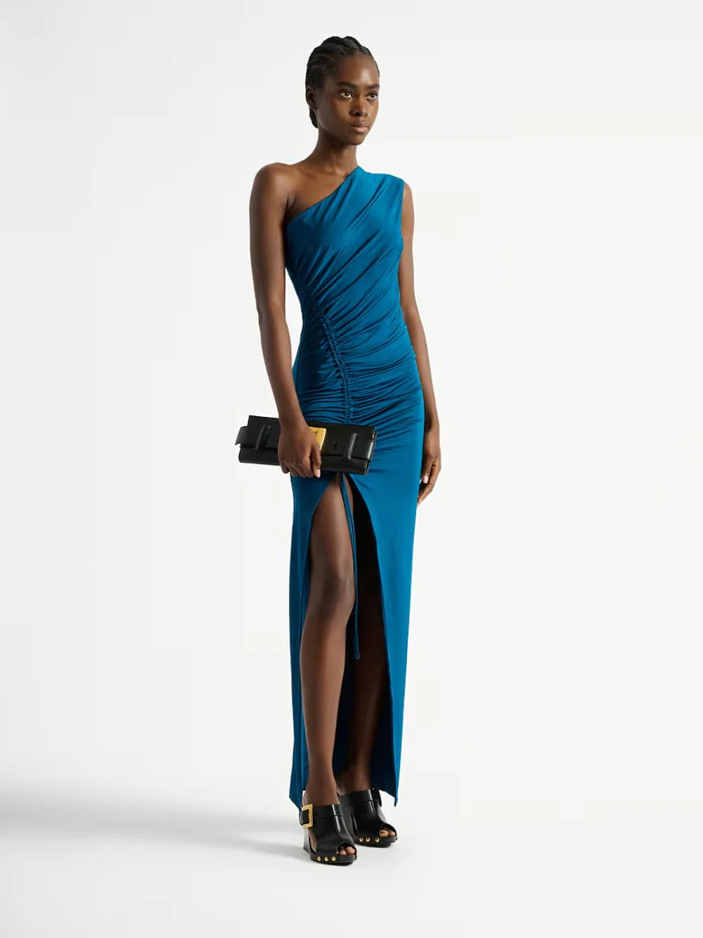 Blue One-Shoulder Draped Maxi Dress