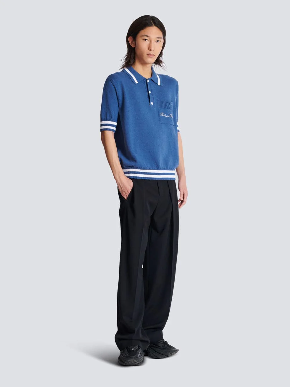 Navy Blue Signature Embroidery Cotton Polo Shirt - Image 2