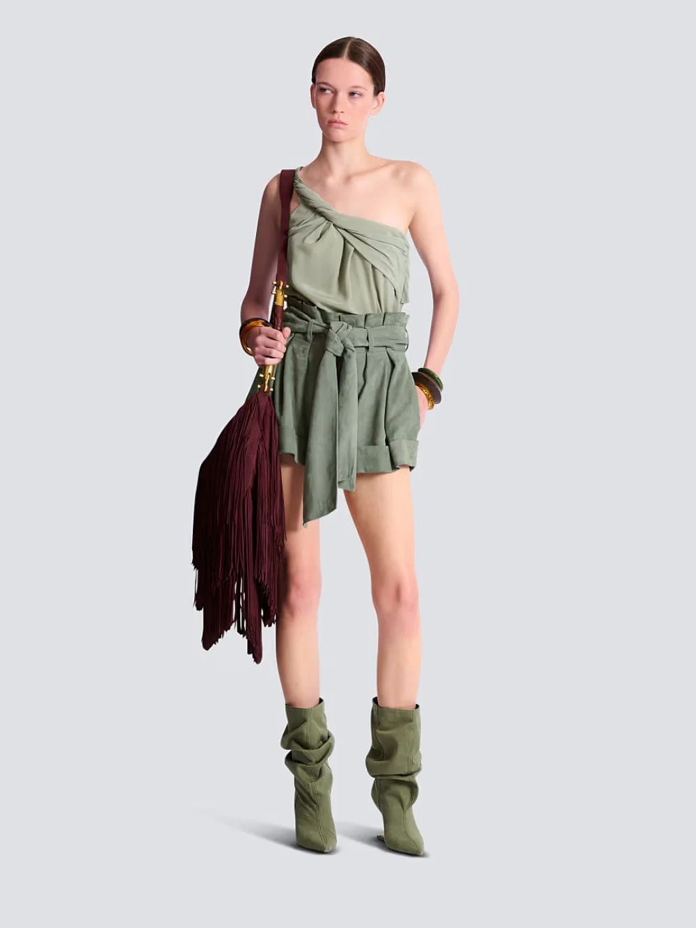 Olive Draped One-Shoulder Silk Crepe Top - Image 2