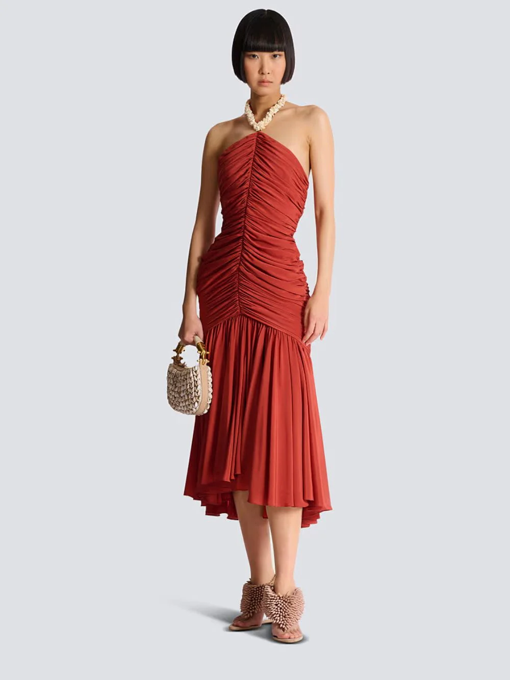 Red Shell Strap Midi Dress