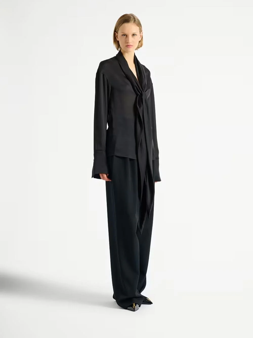 Black Silk Tie-Neck Blouse