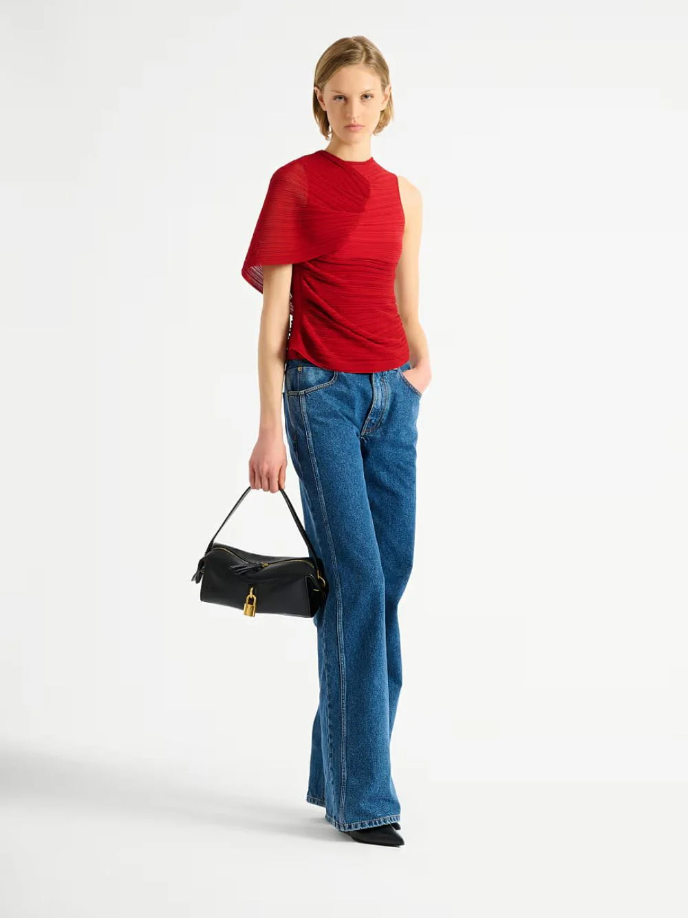 Red Asymmetrical Draped Viscose Top